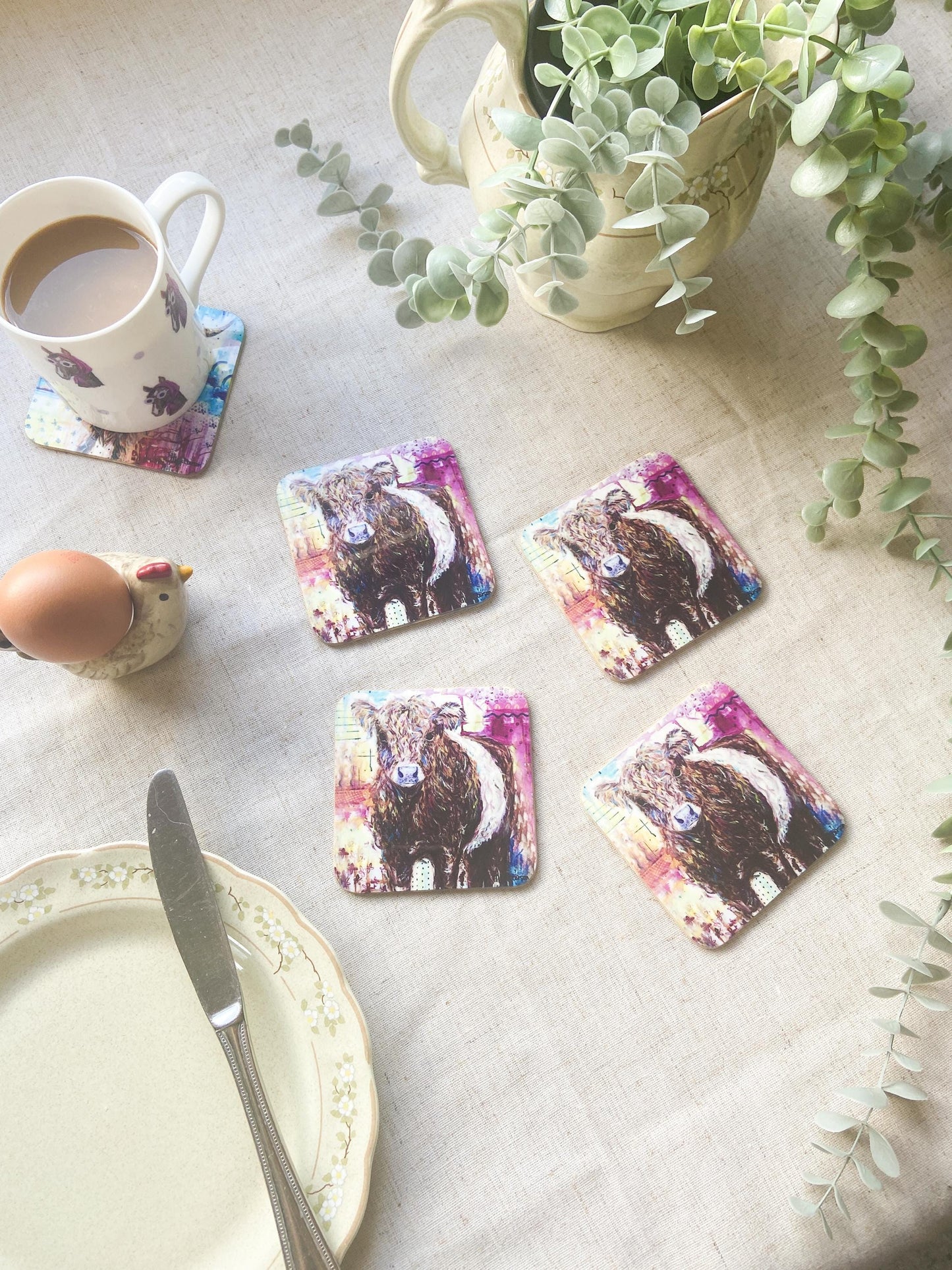 Ellen |Red Belted Galloway Cow Coaster| Colourful Farm Animal Drink Coaster