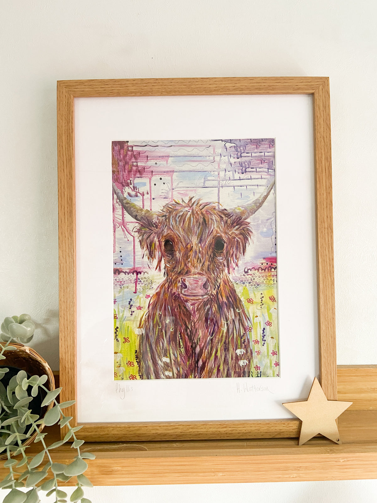 Phyllis |Framed Highland Cow Art Print | Farm Animal Print | Oak Framed Print