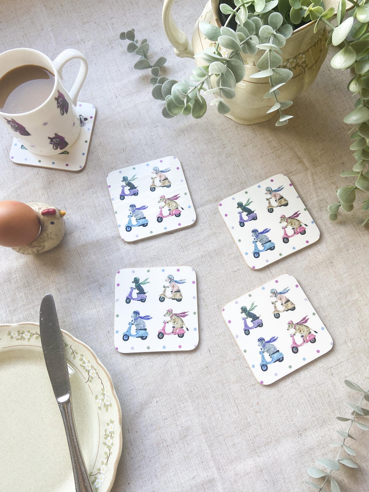 Scooter Animal Coaster Set | Dachshund, Cow, Sheep & Pig | Country Kitchen Gift