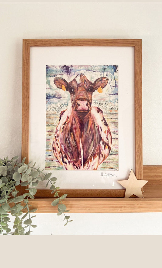 Ada| Ayrshire Cow |Framed Cow Art Print | Farm Animal Print | Oak Framed Print