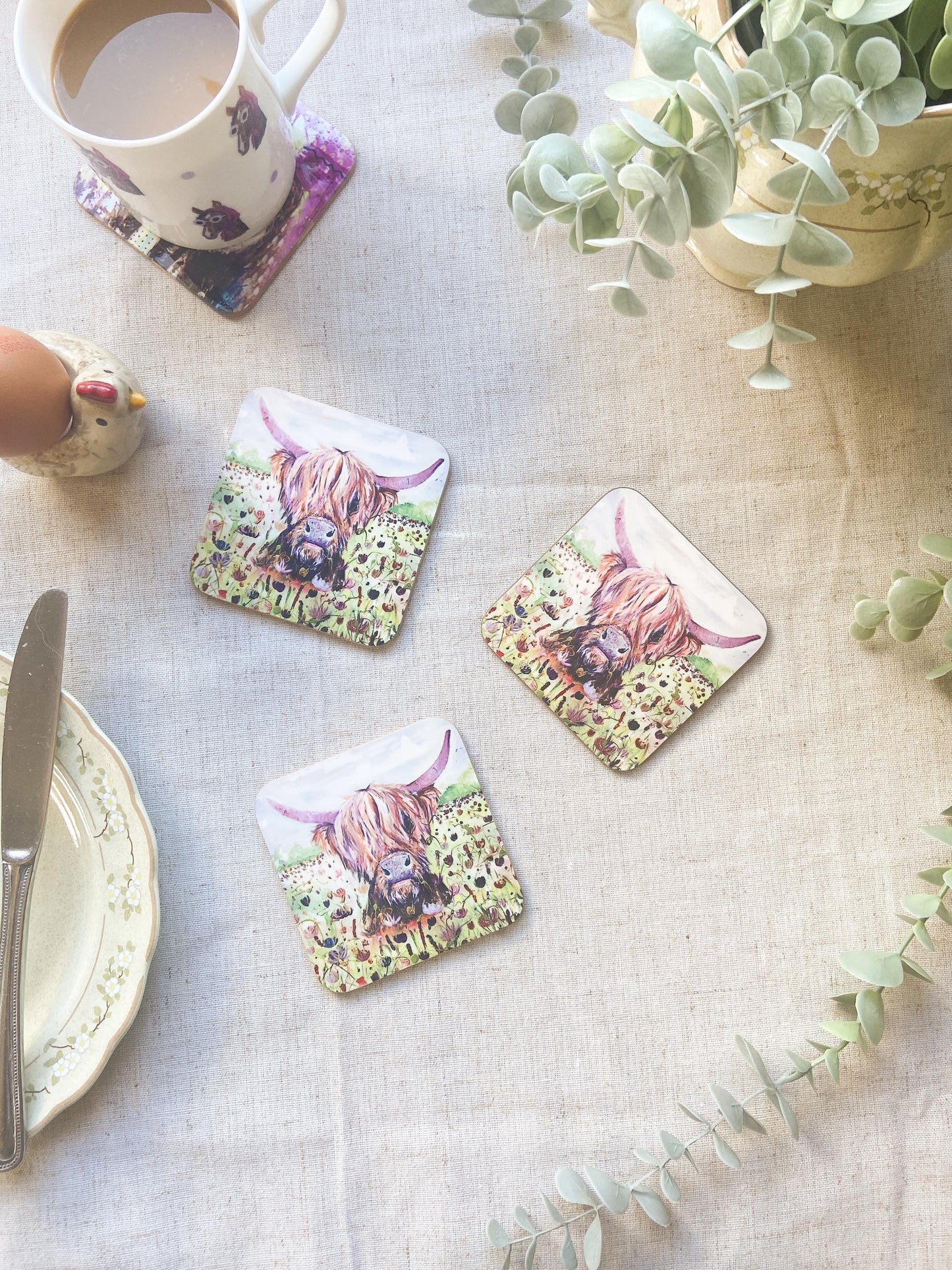 Ivy |Highland Cow Coaster | Colourful Farm Animal Drink Coaster