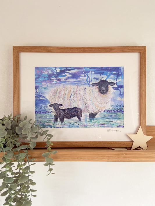 Fern & Lillian | Sheep and Lamb Framed Print | Farm Animal Print | Oak Framed Print