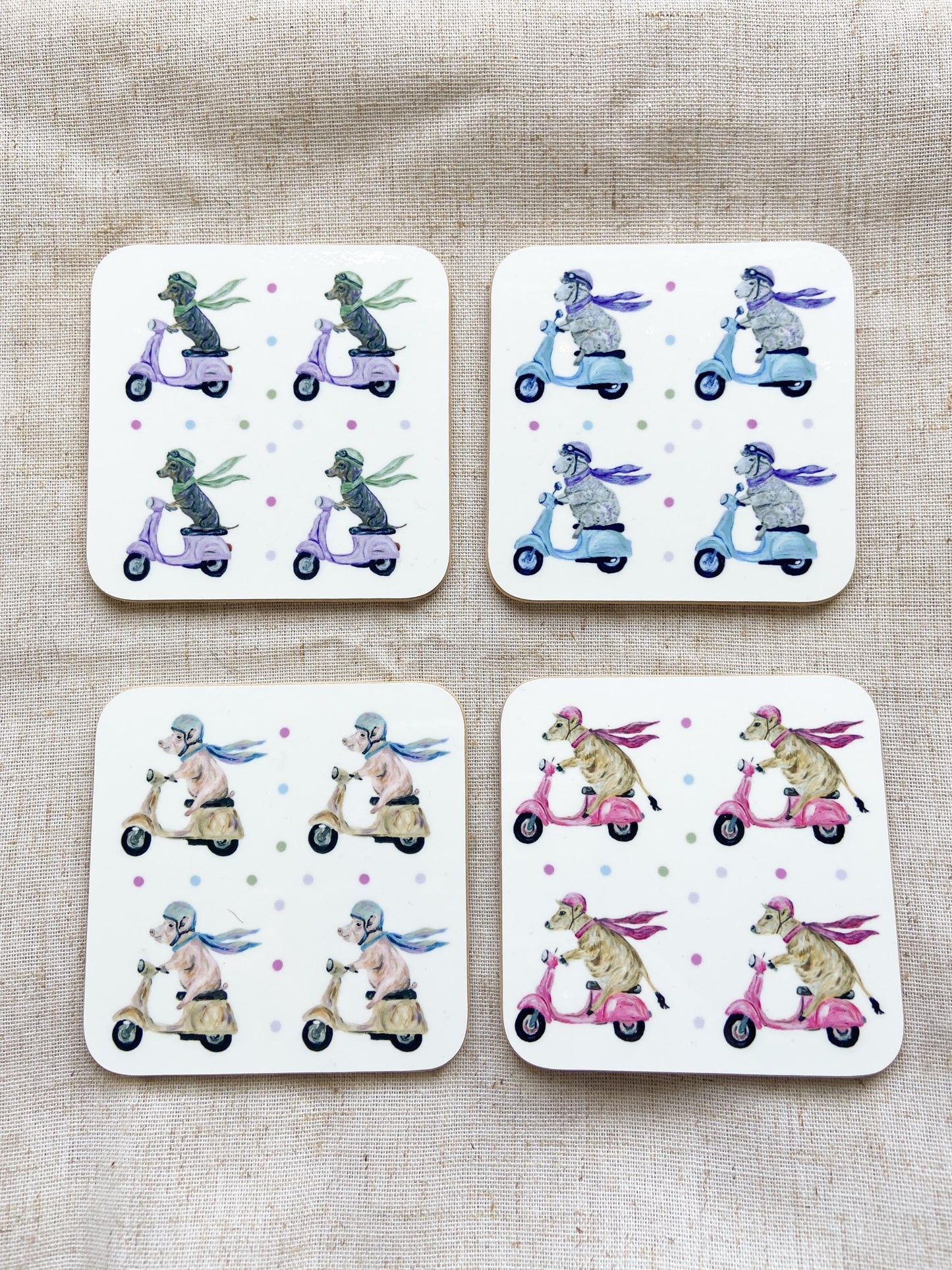 Scooter Animal Coaster Set | Dachshund, Cow, Sheep & Pig | Country Kitchen Gift