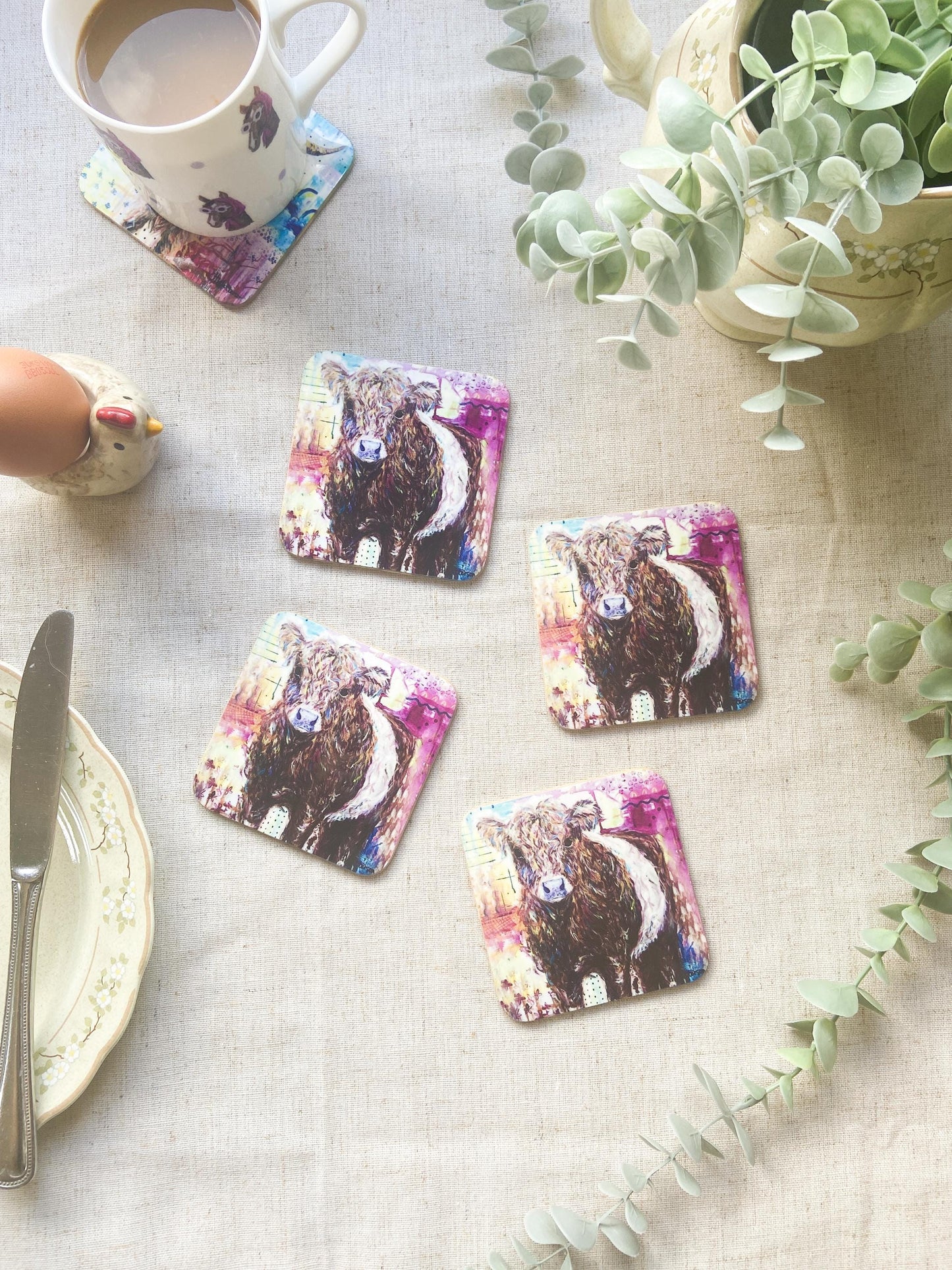 Ellen |Red Belted Galloway Cow Coaster| Colourful Farm Animal Drink Coaster