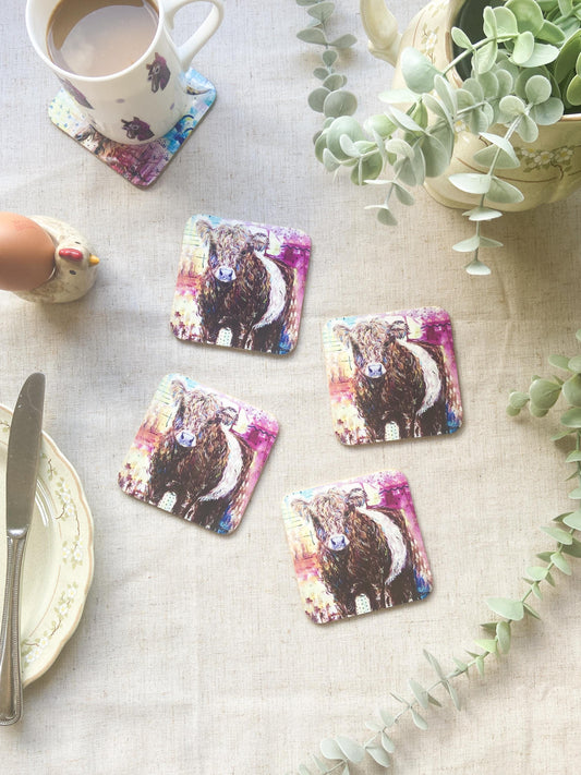 Ellen |Red Belted Galloway Cow Coaster| Colourful Farm Animal Drink Coaster