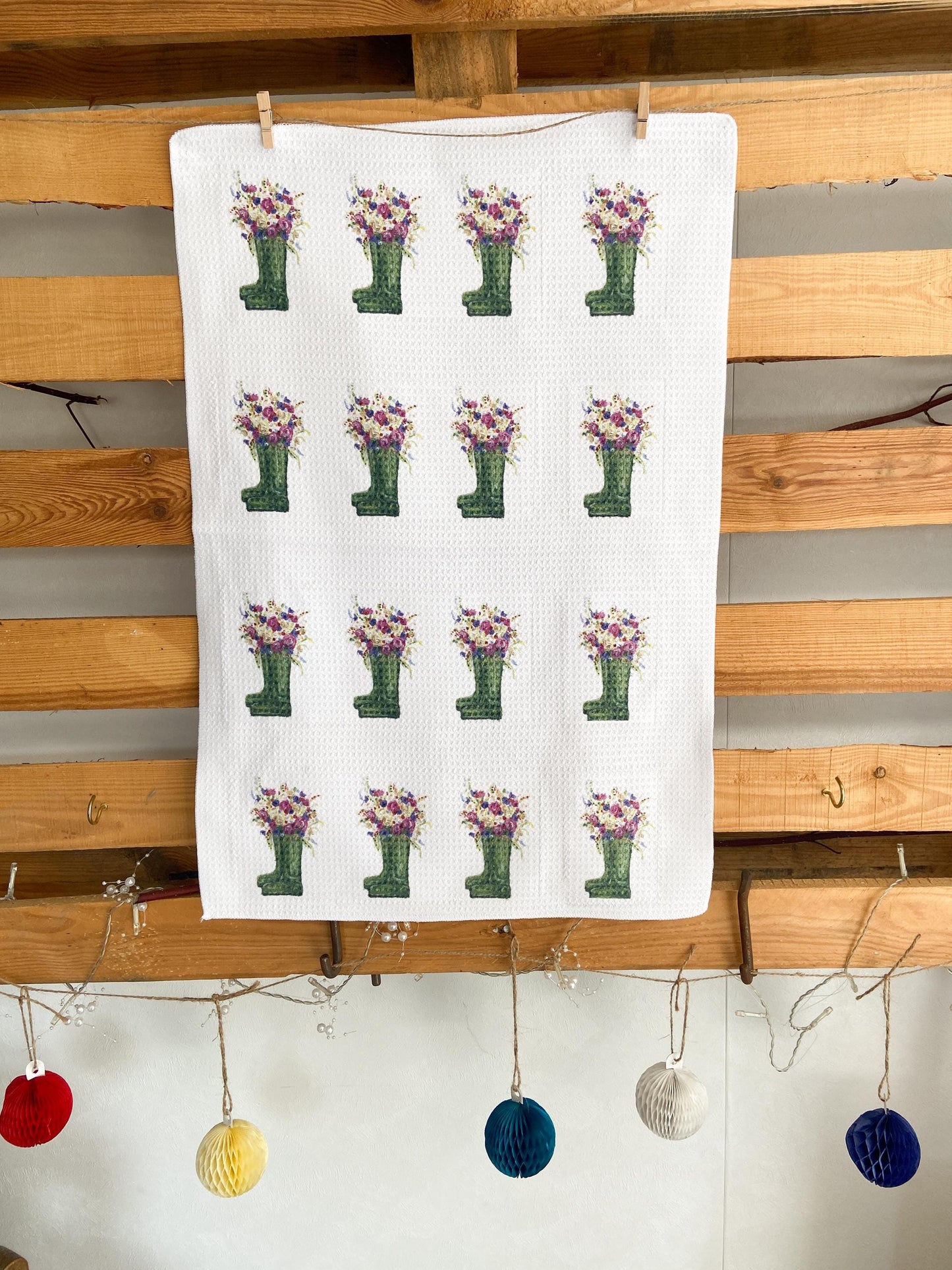 Floral Wellington Boot Tea Towel | Country Kitchen Decor |