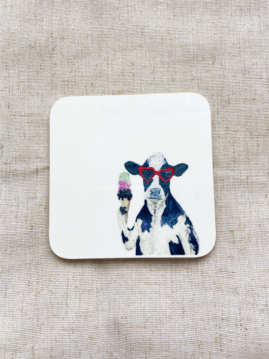 Holiday Cow | Dairy Cow Coaster | Colourful Farm Animal Drink Coaster