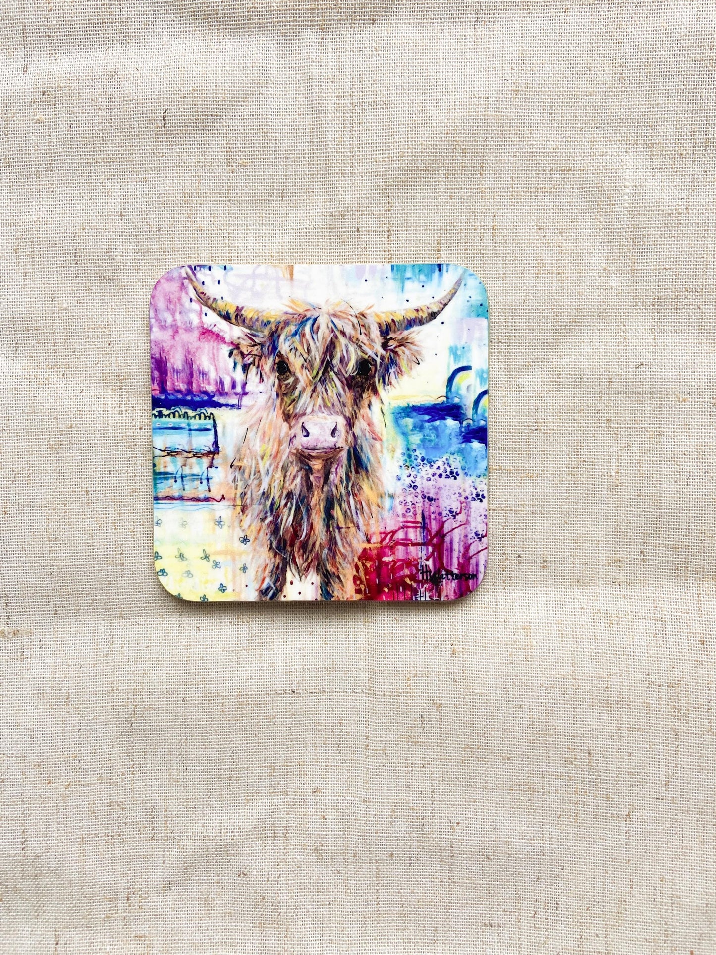 Gladys| Highland Cow Coaster  | Colourful Farm Animal Drink Coaster