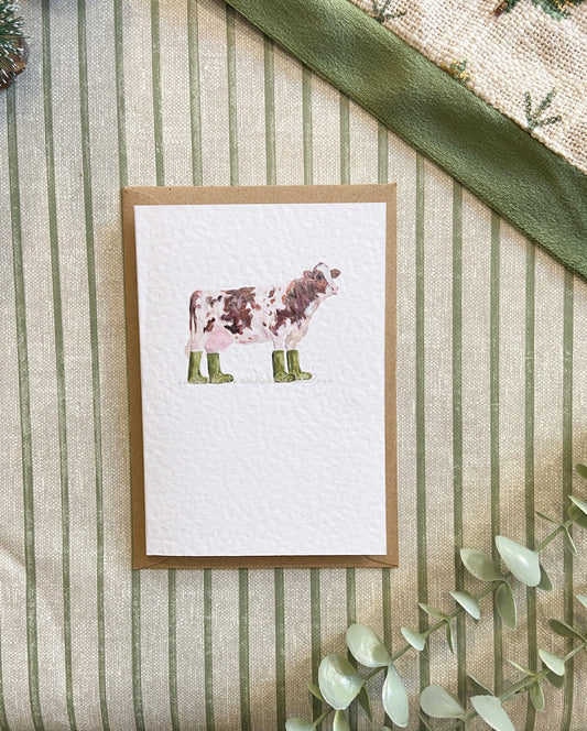 Farm animal greeting card featuring quirky illustrated farm animals wearing colourful wellies, original artwork by H. Watterson Art.
