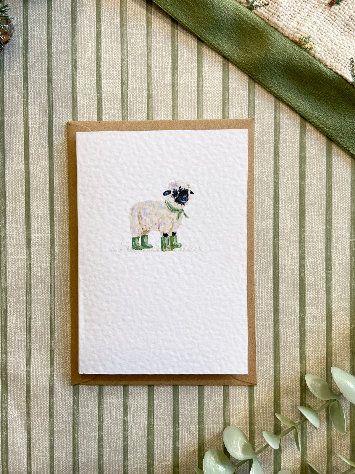 Farm animal greeting card featuring quirky illustrated farm animals wearing colourful wellies, original artwork by H. Watterson Art.