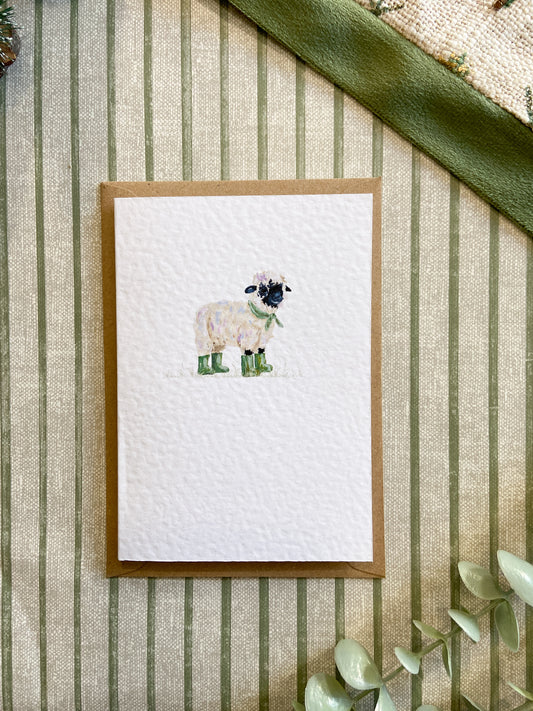 Farm animal greeting card featuring quirky illustrated farm animals wearing colourful wellies, original artwork by H. Watterson Art.