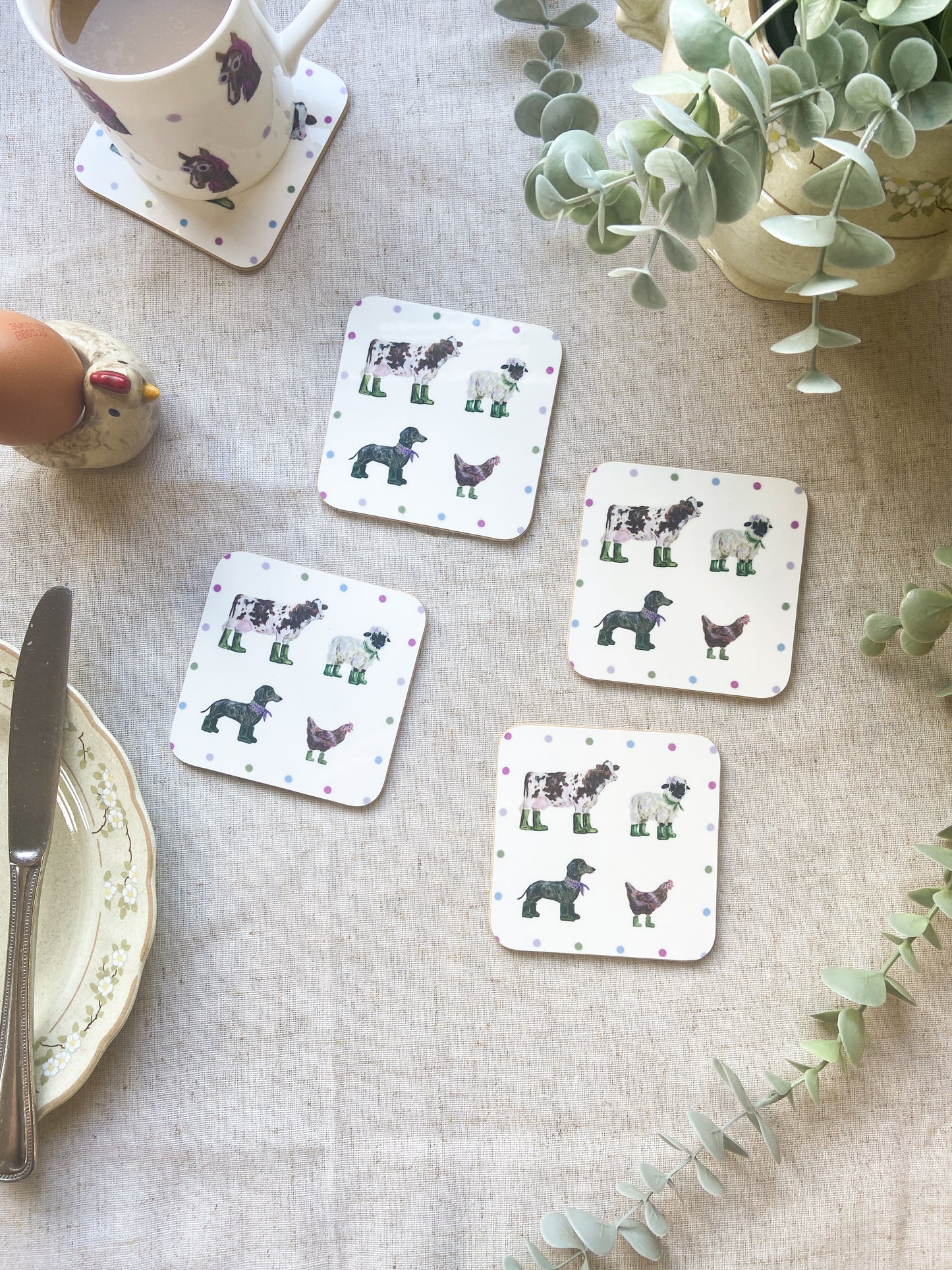 Welly ladies | Farm Animal Coasters | Chicken Cow Sheep & Dachshund