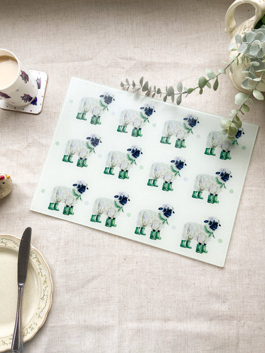 Welly Boot Sheep | Glass Chopping Board