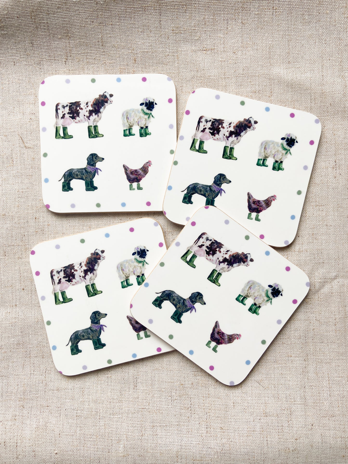 Welly ladies | Farm Animal Coasters | Chicken Cow Sheep & Dachshund