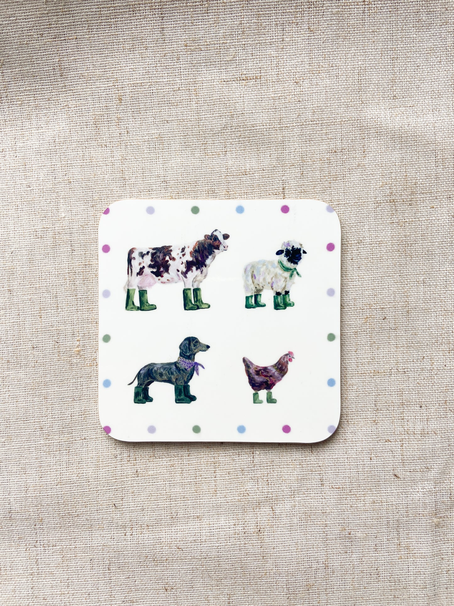 Welly ladies | Farm Animal Coasters | Chicken Cow Sheep & Dachshund