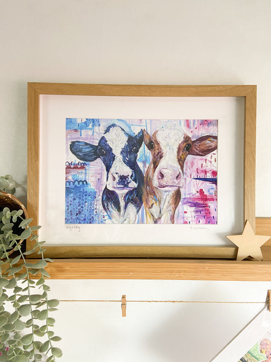 Meg & Milly | Framed Cow Art Print | Farm Animal Print | Oak Framed Print