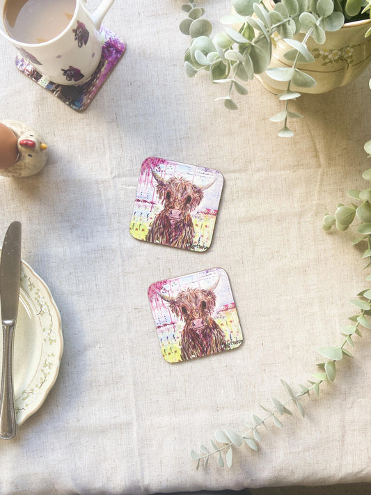 Phyllis | Highland Cow Coaster | Colourful Farm Animal Drink Coaster