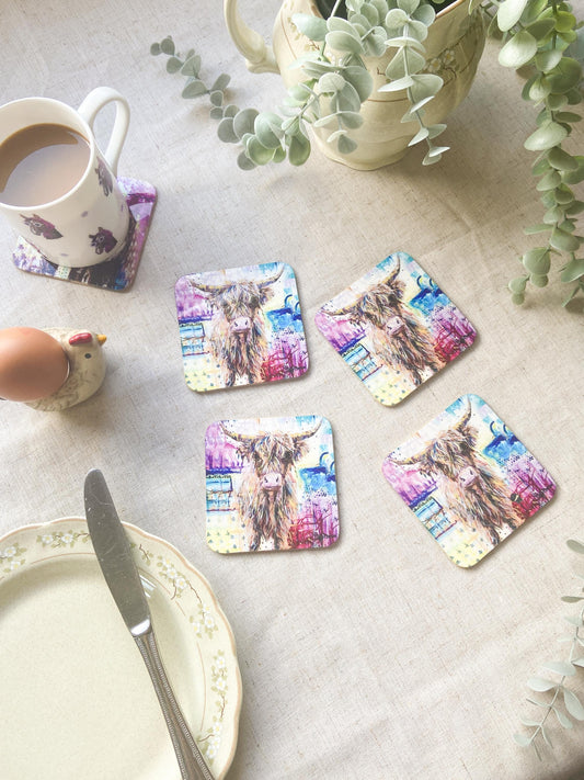 Gladys| Highland Cow Coaster  | Colourful Farm Animal Drink Coaster