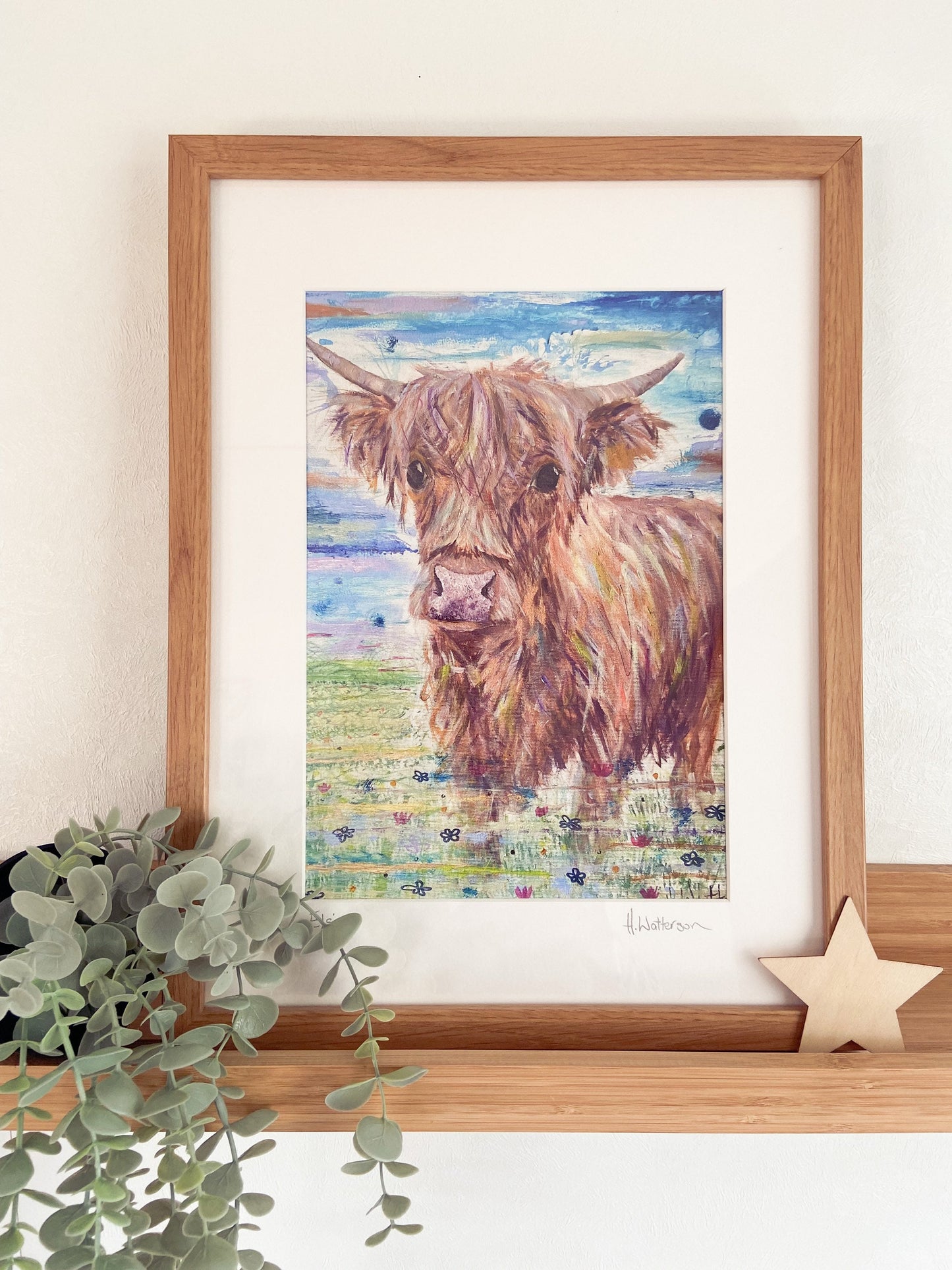 Elsie |Framed Highland Cow Art Print | Farm Animal Print | Oak Framed Print